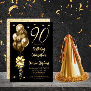 Elegante goldene Luftballons auf schwarzem 90. Geb Einladung
