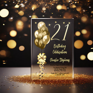 Elegante Goldene Luftballons auf schwarzer 21. Geb Acryleinladungen