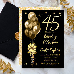 Elegante Goldene Luftballons auf schwarzer 45. Geb Einladung
