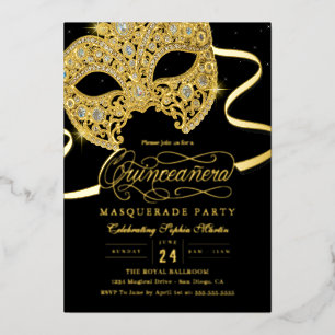 Elegante Goldene Maskenball-Quinceanera-Einladung Folieneinladung