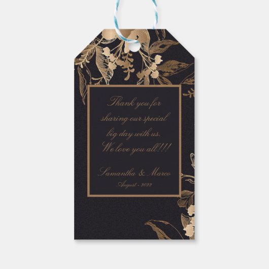 Elegante goldene Metallische Rose Blumenhochzeit Geschenkanhänger (Rückseite)