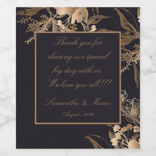 Elegante goldene Metallische Rose Blumenhochzeit Weinetikett (Einzelnes Label)