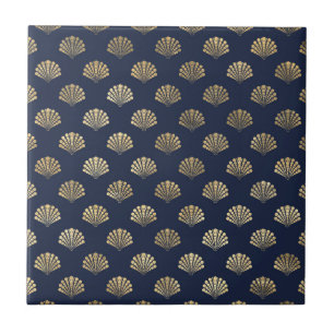 Elegante Goldene Muscheln Nahtloses Muster Navy Bl Fliese