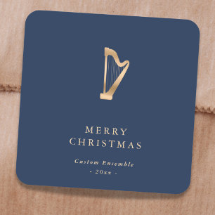 Elegante Goldene Musik Harfe Weihnachten Blau Quadratischer Aufkleber