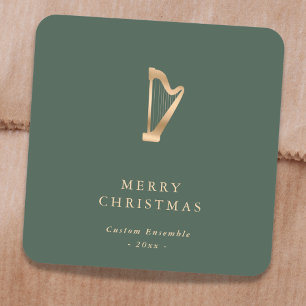 Elegante Goldene Musik Harfe Weihnachten Grün Quadratischer Aufkleber
