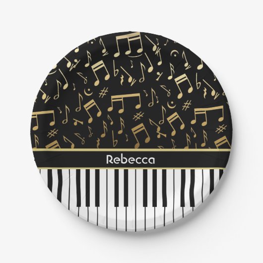 Elegante, goldene Musiknoten-Klaviertasten Pappteller (Vorderseite)