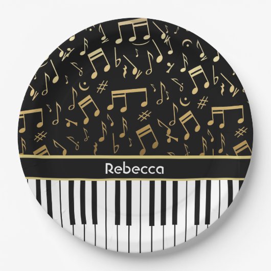 Elegante, goldene Musiknoten-Klaviertasten Pappteller (Vorderseite)