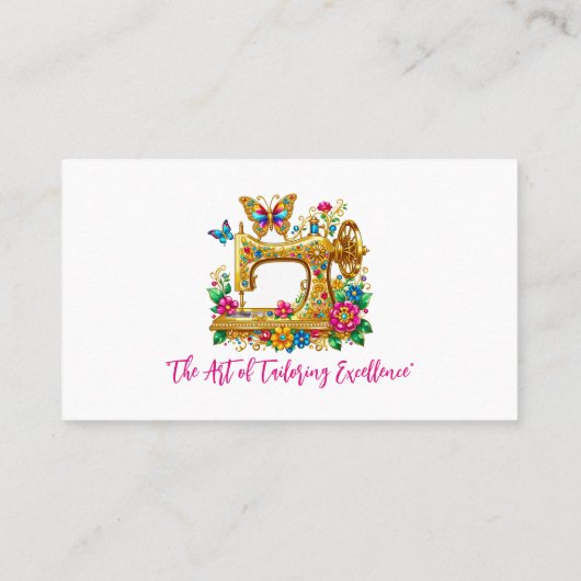 Elegante Goldene Nähmaschine mit Blume Schmetterli Visitenkarte (Rückseite)