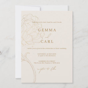 Elegante goldene Pfingstrosen-Linienkunst-Hochzeit Einladung