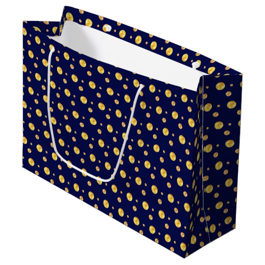Elegante goldene Polka-Punkte auf marineblau Große Geschenktüte (Vorderseite Schrägansicht)
