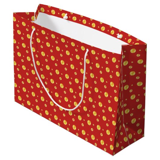 Elegante goldene Polka Punkte auf rot Große Geschenktüte (Rückseite Schrägansicht)