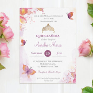 Elegante Goldene Quinceañera-Tiara Schmetterlinge Einladung