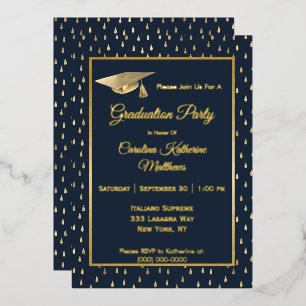 Elegante goldene Regentropfen Navy Blau Abschlussf Folieneinladung