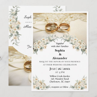 Elegante goldene Ringe & Salbeigrüne florale Hochz Einladung