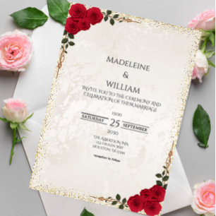 Elegante goldene romantische Rote Rosen Hochzeit Einladung