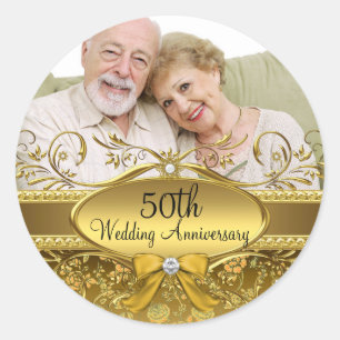 Elegante Goldene Rose Foto 50. Jubiläumsaufkleber Runder Aufkleber