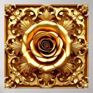 Elegante goldene Rose mit aufwendigem Zierrahmen Poster