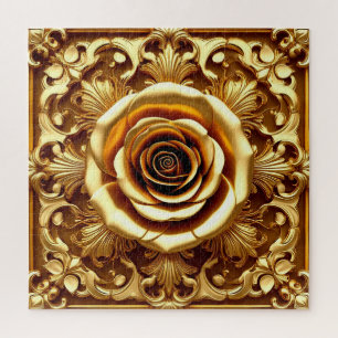 Elegante goldene Rose mit aufwendigem Zierrahmen Puzzle