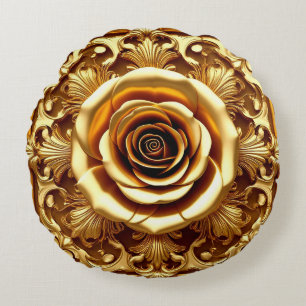 Elegante goldene Rose mit aufwendigem Zierrahmen Rundes Kissen