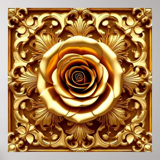 Elegante Goldene Rose mit Verziertem Dekorationsra Poster (Vorne)