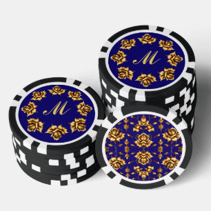 Elegante goldene Rosen auf königsblau, Monogramm Pokerchips