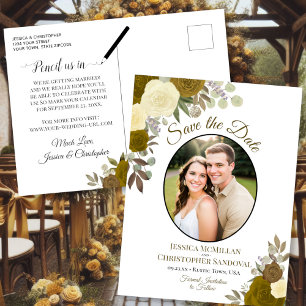 Elegante goldene Rosen und Foto Hochzeit Termin vo Ankündigungspostkarte