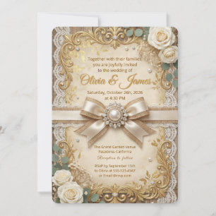 Elegante Goldene Rustikale Spitze Elfenbein-Rose P Einladung