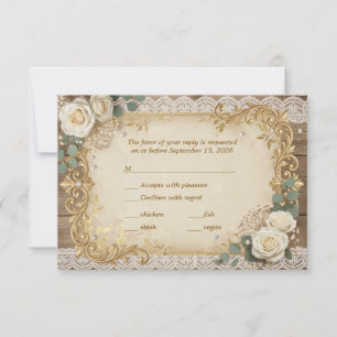Elegante Goldene Rustikale Spitze Elfenbein-Rose P RSVP Karte