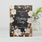 Elegante Goldene Schwarz-weiße Blütenparty Einladung (Stehend Vorderseite)