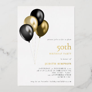 Elegante goldene schwarze Ballons 50. Geburtstag E Folieneinladung