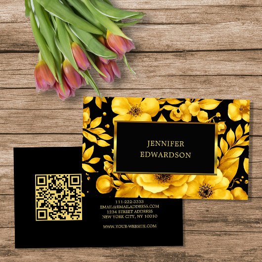 Elegante goldene schwarze Blumen QR-Code professio Visitenkarte