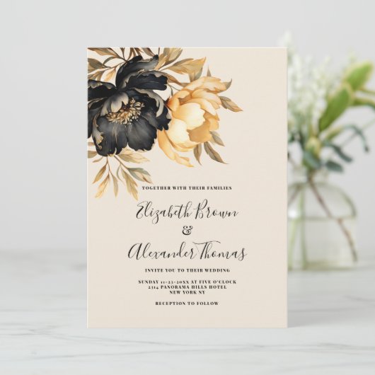 Elegante goldene, schwarze Elfenbeinpfirsiche Blüt Einladung (Stehend Vorderseite)