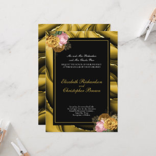 Elegante Goldene Schwarze Florale Umrandung Hochze Einladung