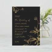 Elegante goldene, schwarze Monogramm moderne Blume Einladung (Stehend Vorderseite)