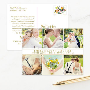 Elegante goldene sechs-Foto-Collage Hochzeits-Dank Postkarte