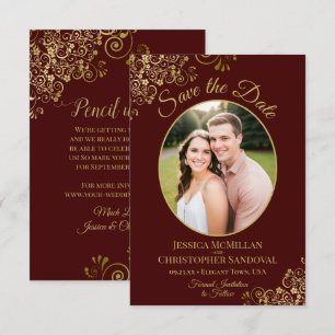 Elegante Goldene Spitze & Foto Auburnbraune Hochze Save The Date