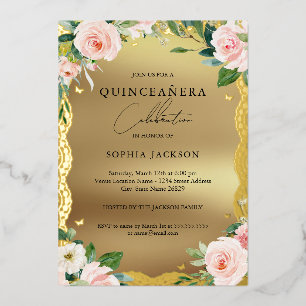 Elegante Goldene Spitze Rosa Florale Quinceanera Folieneinladung
