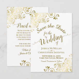 Elegante Goldene Spitzenfiligran auf weißer Hochze Save The Date
