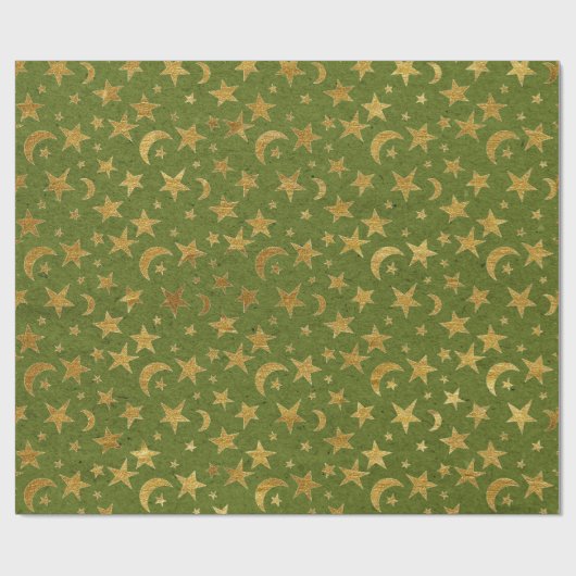 Elegante goldene Sterne und grüne Kraft des Mondes Geschenkpapier (Flach)