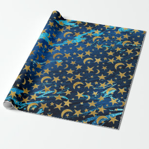 Elegante goldene Sterne und Mond-blauer Geschenkpapier