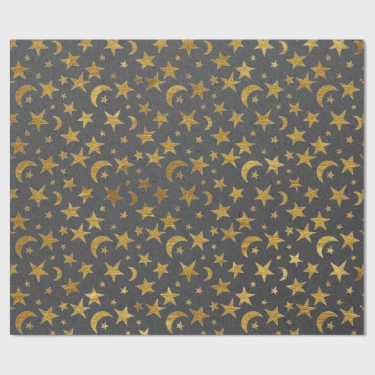 Elegante goldene Sterne und Mondgraue Grafitkraft Geschenkpapier (Flach)