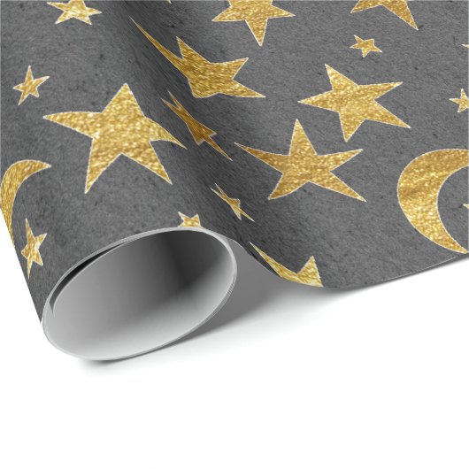 Elegante goldene Sterne und Mondgraue Grafitkraft Geschenkpapier (Rolleneckpunkt)