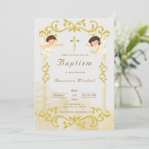 Elegante goldene Tauf-Einladung mit Engeln & Kreuz Einladung