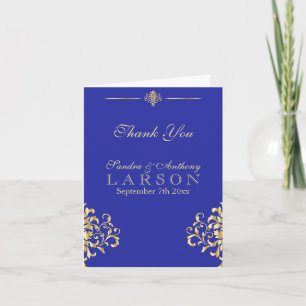 Elegante goldene und blaue Damast-Hochzeit Danke