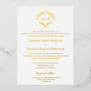 Elegante goldene und weiße Crest Moderne katholisc Folieneinladung