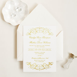 Elegante goldene verzierte Schriftrolle Hochzeit Folieneinladung