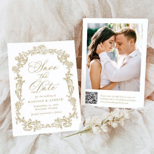 Elegante goldene viktorianische florale QR-Code-Ho Save The Date