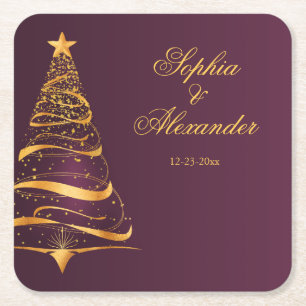 Elegante goldene Weihnachtsbaum-Hochzeit Chic Rechteckiger Pappuntersetzer