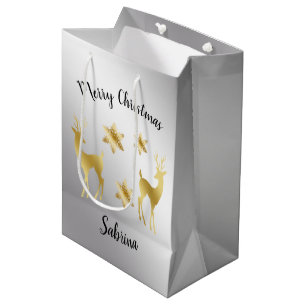Elegante goldene Weihnachtsschneeflocken Rentiere Mittlere Geschenktüte
