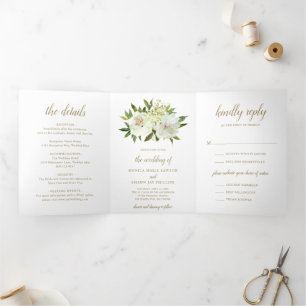 Elegante goldene weiße florale moderne Hochzeit Dreifach Gefaltete Einladung